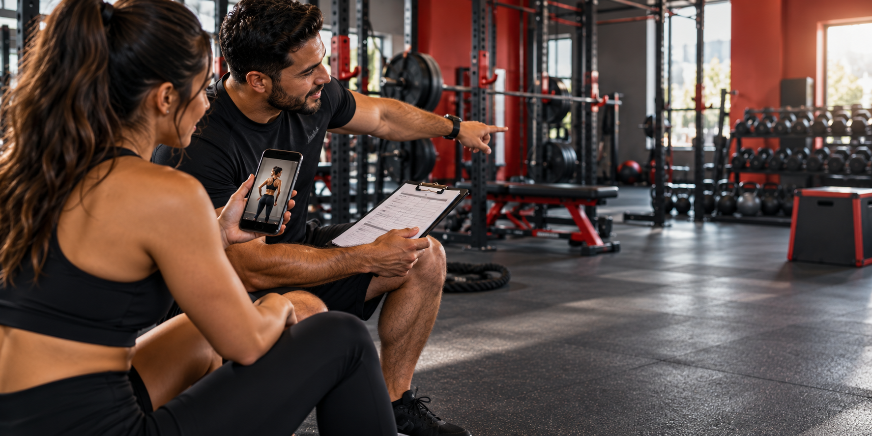 Coach and client discuss a fitness inspiration photo and a training plan in the gym